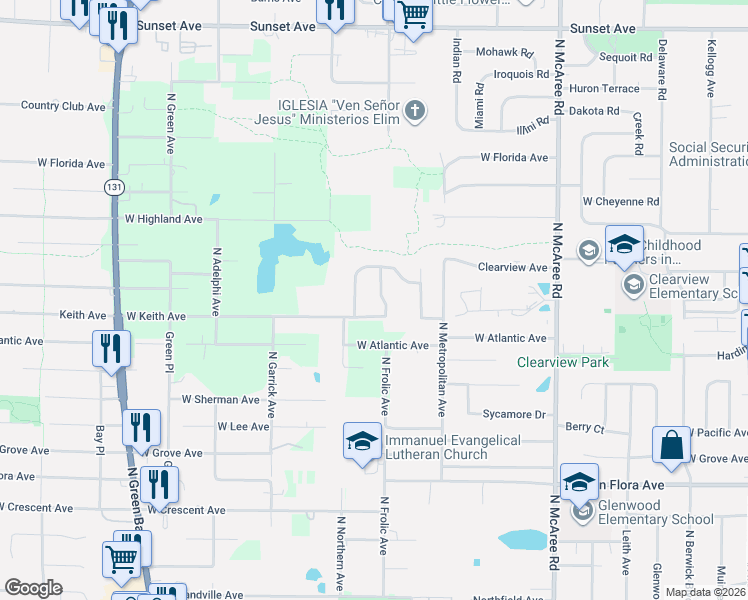 map of restaurants, bars, coffee shops, grocery stores, and more near 1732 North Frolic Avenue in Waukegan