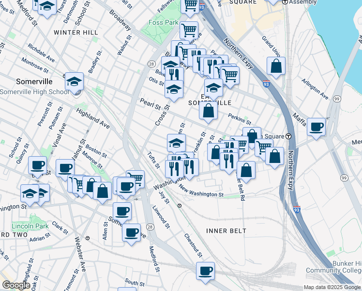 map of restaurants, bars, coffee shops, grocery stores, and more near Reed Street in Somerville