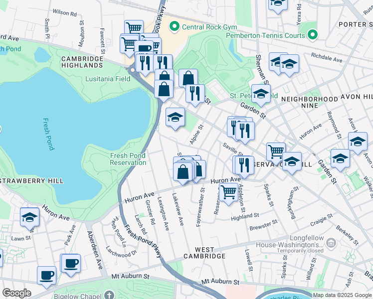 map of restaurants, bars, coffee shops, grocery stores, and more near 152 Vassal Lane in Cambridge