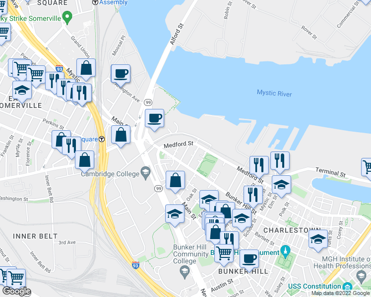 map of restaurants, bars, coffee shops, grocery stores, and more near 523 Medford Street in Boston