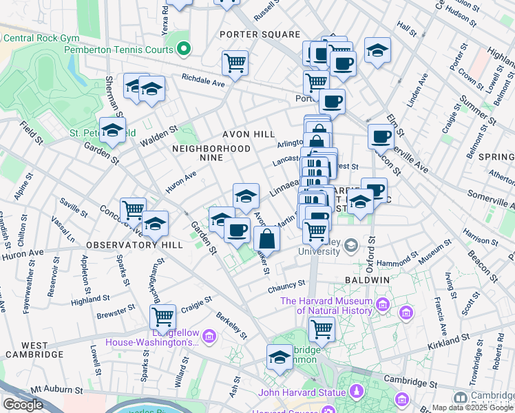 map of restaurants, bars, coffee shops, grocery stores, and more near 14 Avon Place in Cambridge