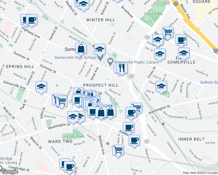 map of restaurants, bars, coffee shops, grocery stores, and more near 85 Boston Street in Somerville