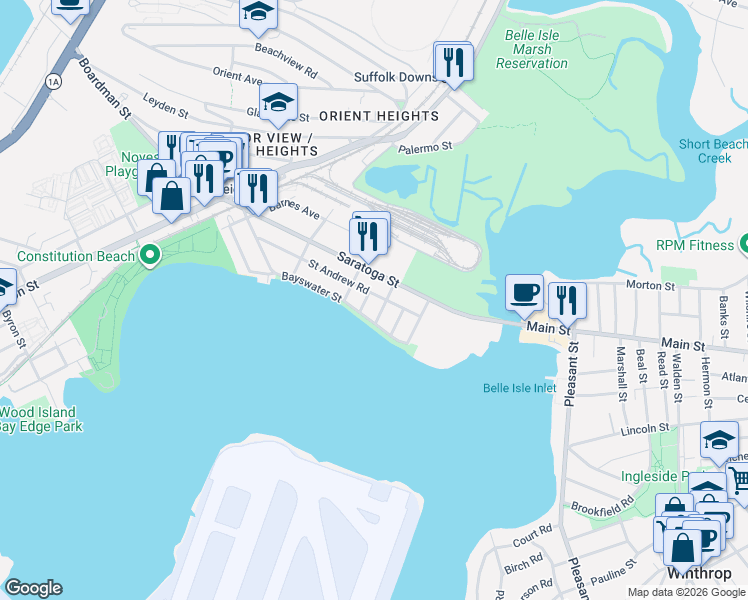 map of restaurants, bars, coffee shops, grocery stores, and more near 1144 Saratoga Street in Boston