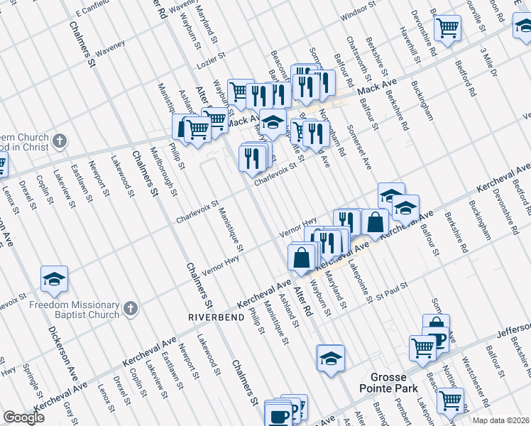 map of restaurants, bars, coffee shops, grocery stores, and more near 2641 Alter Road in Detroit