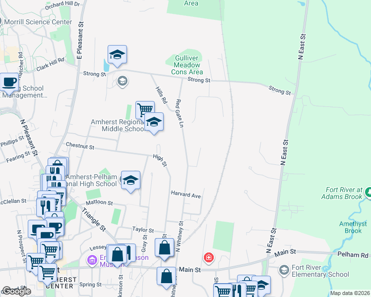 map of restaurants, bars, coffee shops, grocery stores, and more near 47 Red Gate Lane in Amherst