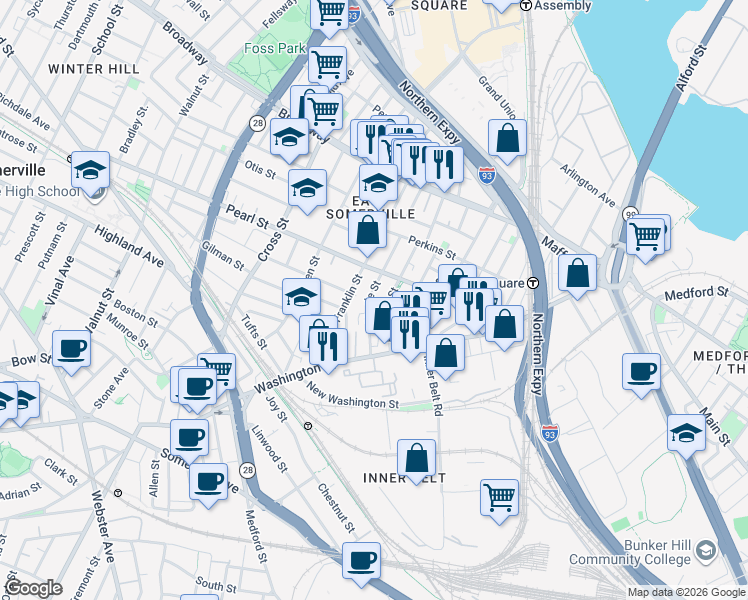 map of restaurants, bars, coffee shops, grocery stores, and more near 49 Myrtle Street in Somerville