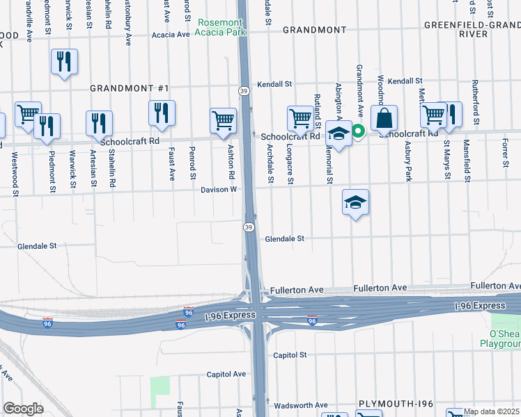 map of restaurants, bars, coffee shops, grocery stores, and more near 12896 Southfield Freeway in Detroit