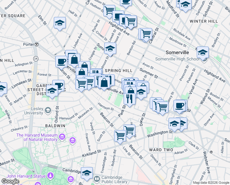 map of restaurants, bars, coffee shops, grocery stores, and more near 19 Cypress Street in Somerville