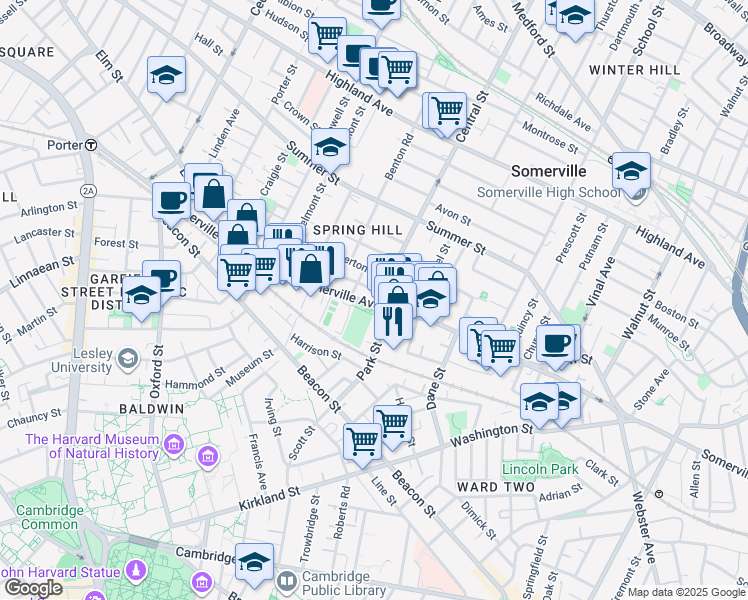 map of restaurants, bars, coffee shops, grocery stores, and more near in Somerville