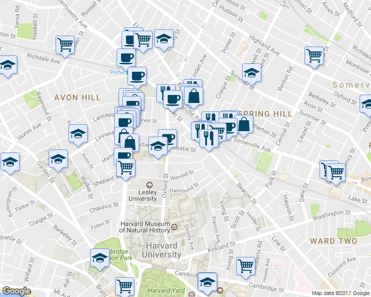 map of restaurants, bars, coffee shops, grocery stores, and more near Eustis Street in Somerville