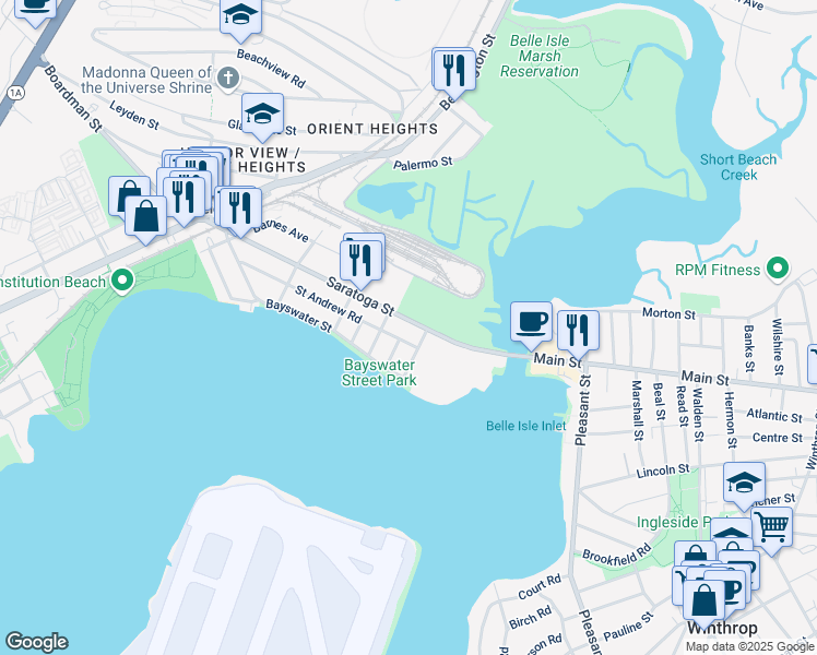 map of restaurants, bars, coffee shops, grocery stores, and more near 1197 Saratoga Street in Boston