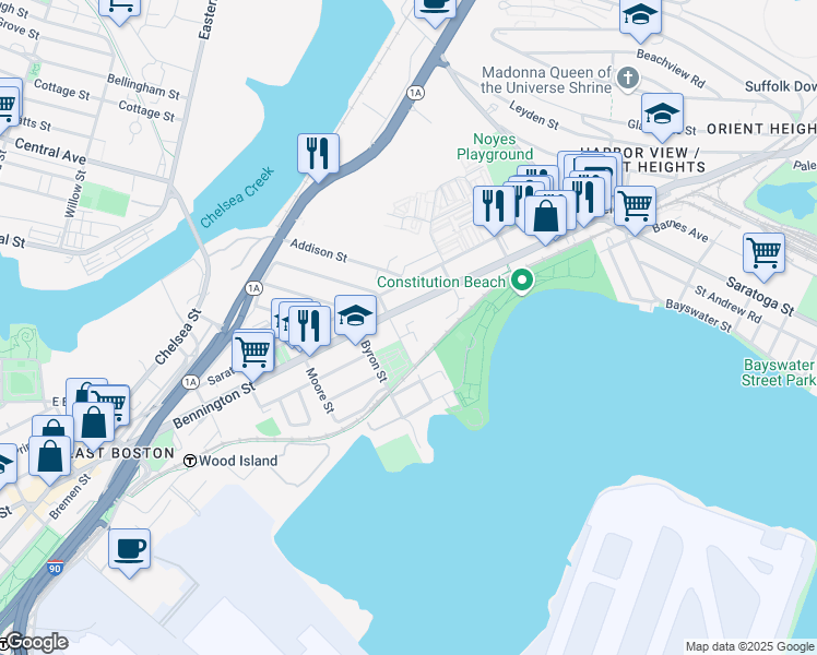 map of restaurants, bars, coffee shops, grocery stores, and more near 669 Massachusetts 145 in Boston