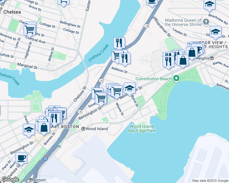 map of restaurants, bars, coffee shops, grocery stores, and more near 25 Moore Street in Boston