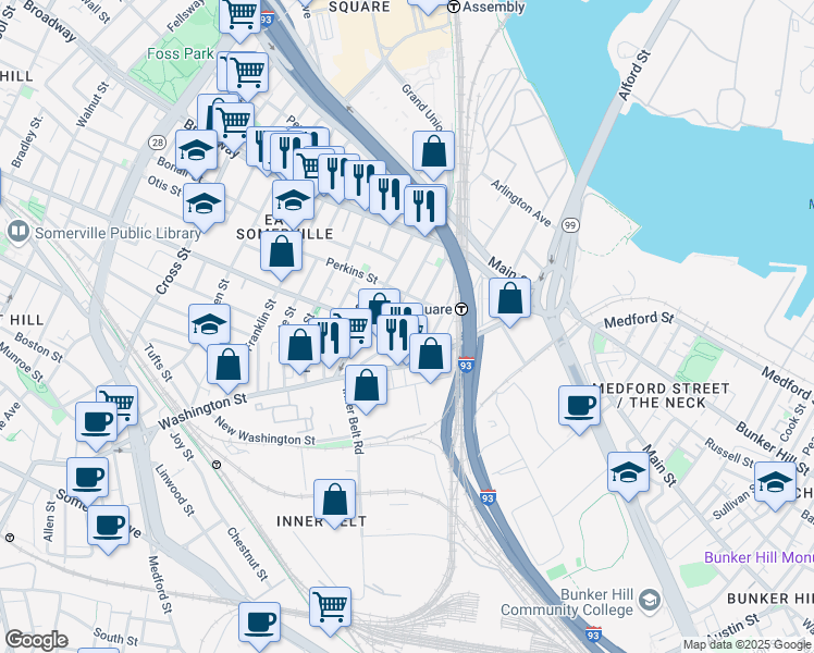 map of restaurants, bars, coffee shops, grocery stores, and more near 18 Parker Street in Boston