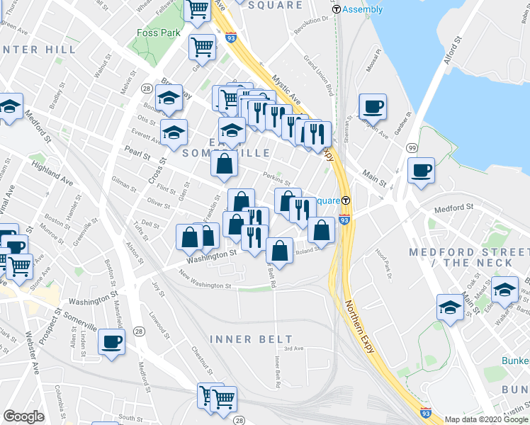 map of restaurants, bars, coffee shops, grocery stores, and more near in Somerville
