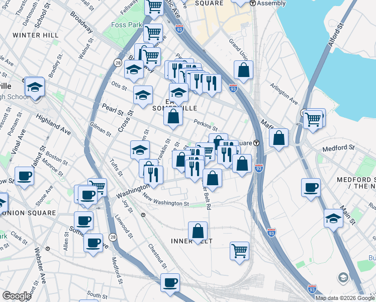 map of restaurants, bars, coffee shops, grocery stores, and more near 65 Myrtle Street in Somerville
