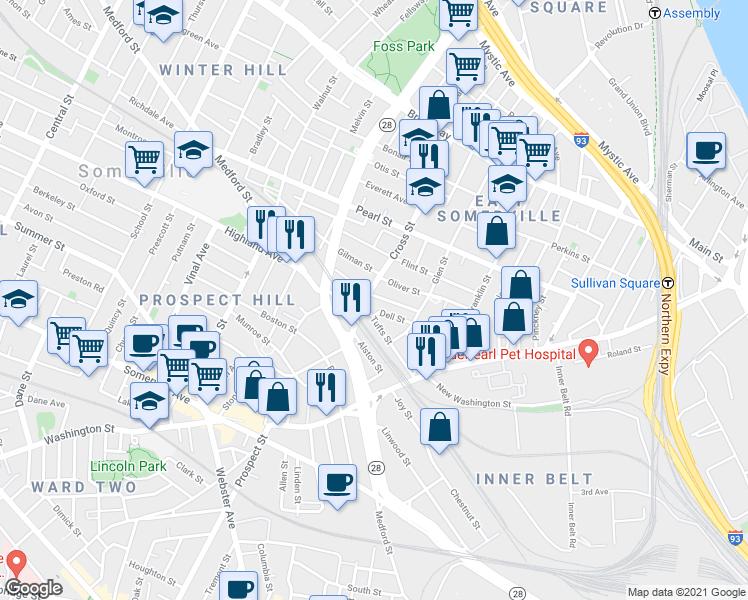 map of restaurants, bars, coffee shops, grocery stores, and more near 115 Cross Street in Somerville