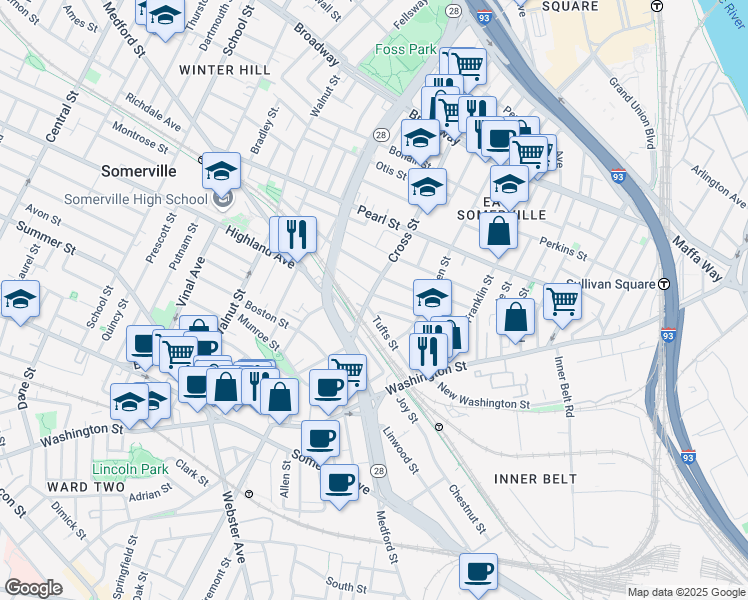 map of restaurants, bars, coffee shops, grocery stores, and more near 115 Cross Street in Somerville