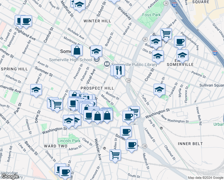 map of restaurants, bars, coffee shops, grocery stores, and more near 22 Thorpe Street in Somerville