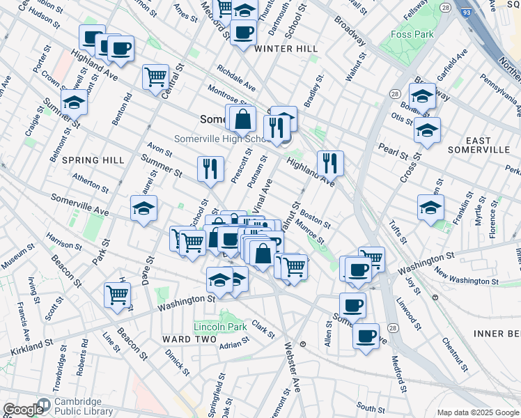 map of restaurants, bars, coffee shops, grocery stores, and more near 33 Vinal Avenue in Somerville