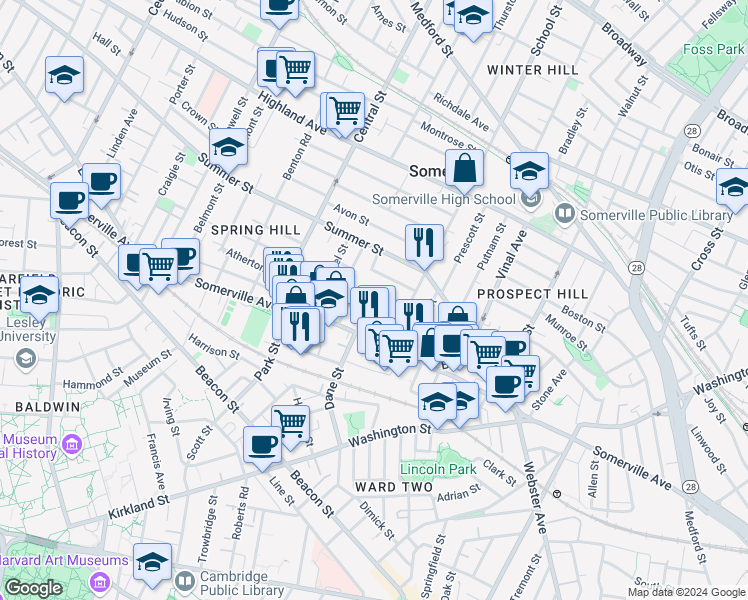 map of restaurants, bars, coffee shops, grocery stores, and more near 27 Osgood Street in Somerville