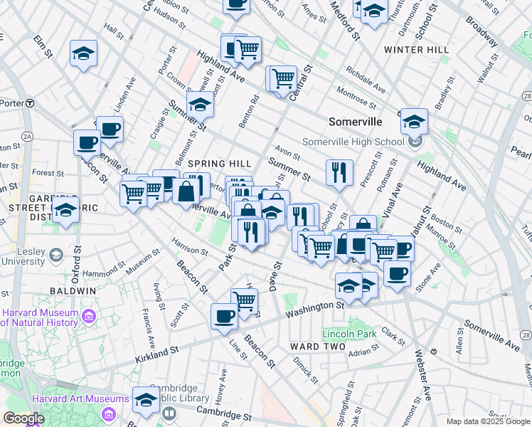 map of restaurants, bars, coffee shops, grocery stores, and more near 25 Laurel Street in Somerville
