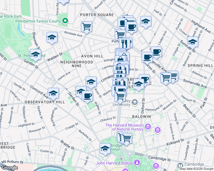 map of restaurants, bars, coffee shops, grocery stores, and more near 27 Hurlbut Street in Cambridge