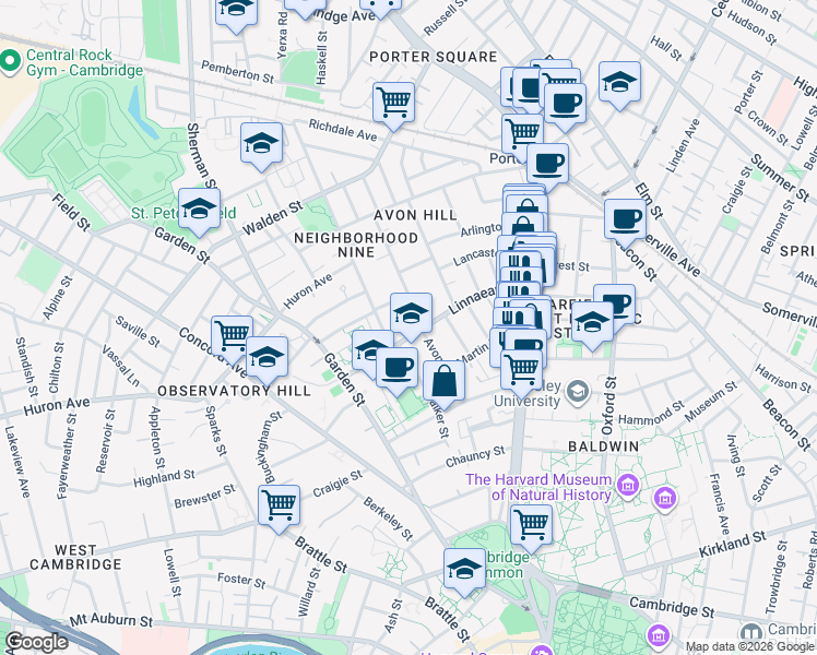 map of restaurants, bars, coffee shops, grocery stores, and more near 14 Avon Place in Cambridge