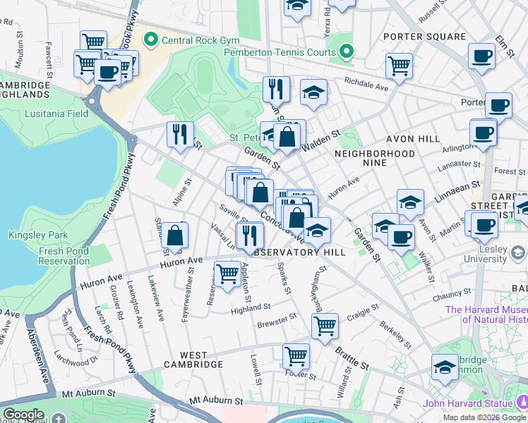 map of restaurants, bars, coffee shops, grocery stores, and more near 356 Walden Street in Cambridge