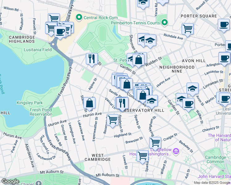 map of restaurants, bars, coffee shops, grocery stores, and more near 302 Concord Avenue in Cambridge