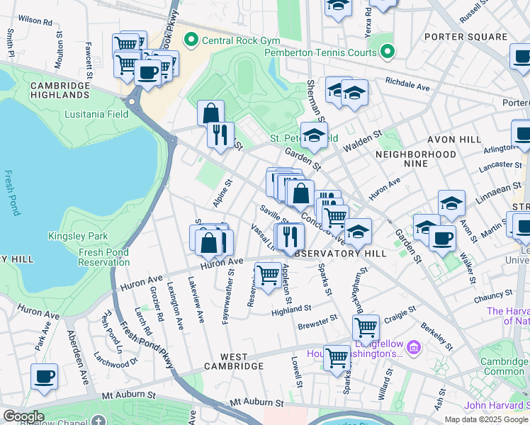 map of restaurants, bars, coffee shops, grocery stores, and more near in Cambridge