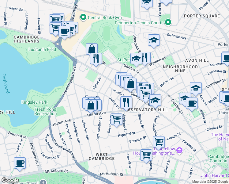 map of restaurants, bars, coffee shops, grocery stores, and more near in Cambridge