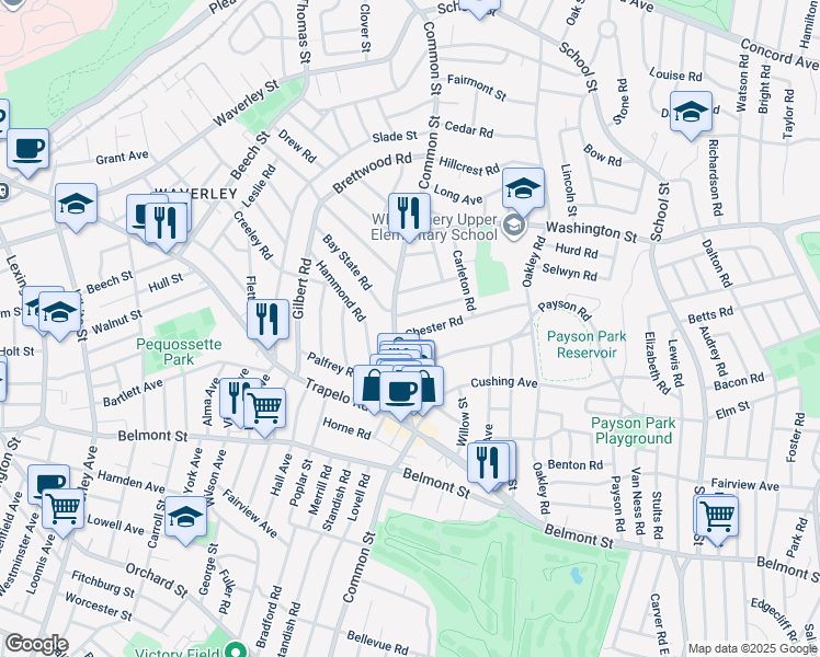 map of restaurants, bars, coffee shops, grocery stores, and more near 4 Warwick Road in Belmont