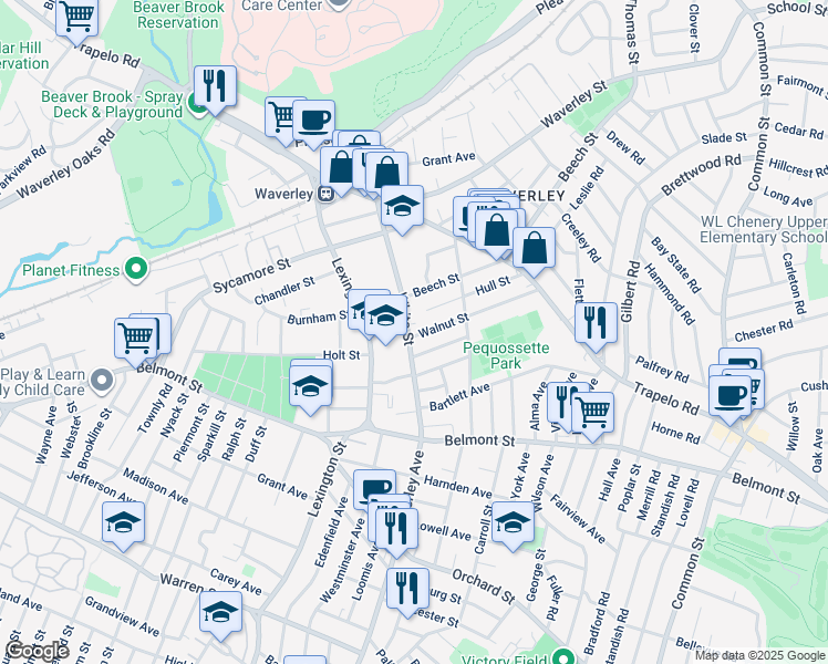 map of restaurants, bars, coffee shops, grocery stores, and more near 91R Walnut Street in Belmont