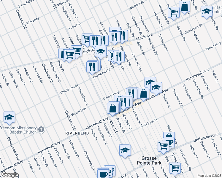 map of restaurants, bars, coffee shops, grocery stores, and more near 1324 Maryland Street in Grosse Pointe Park