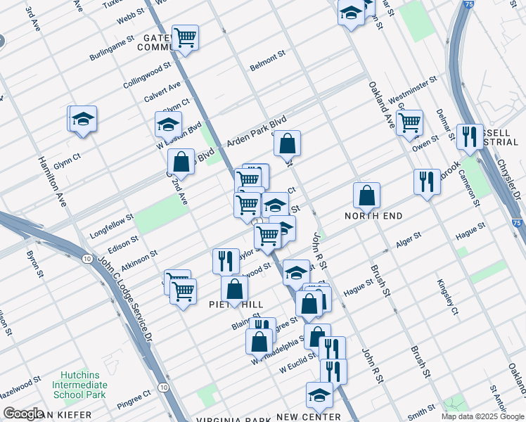 map of restaurants, bars, coffee shops, grocery stores, and more near 9320 Woodward Avenue in Detroit