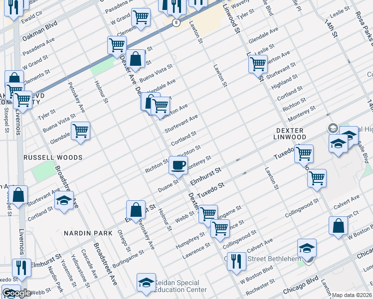 map of restaurants, bars, coffee shops, grocery stores, and more near 3323 Cortland Street in Detroit