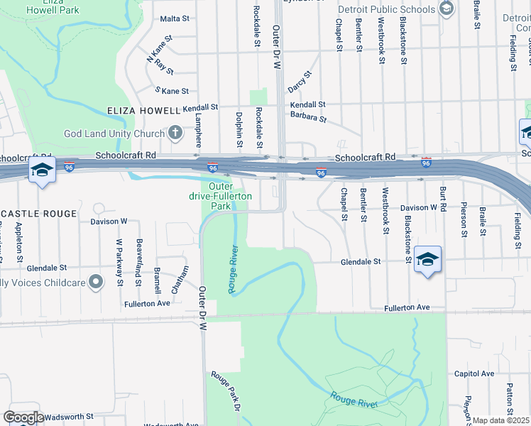 map of restaurants, bars, coffee shops, grocery stores, and more near 12654 Outer Drive West in Detroit