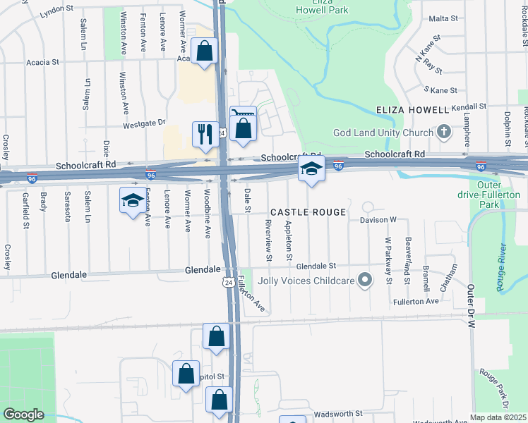 map of restaurants, bars, coffee shops, grocery stores, and more near 13535 Riverview Street in Detroit