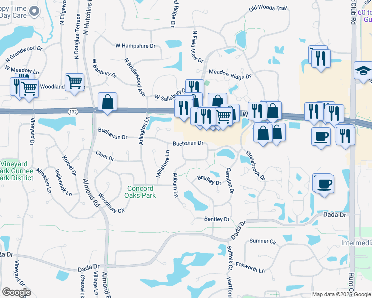 map of restaurants, bars, coffee shops, grocery stores, and more near 7107 South Stratton Lane in Gurnee