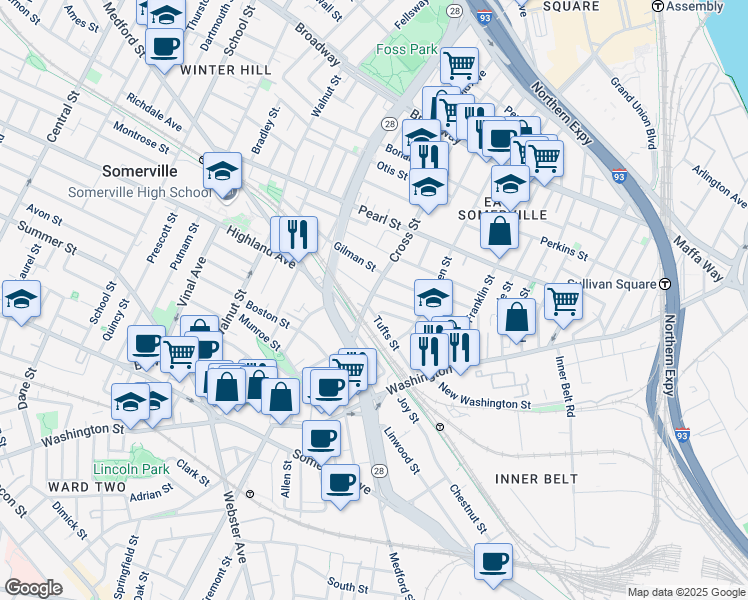 map of restaurants, bars, coffee shops, grocery stores, and more near 115 Cross Street in Somerville