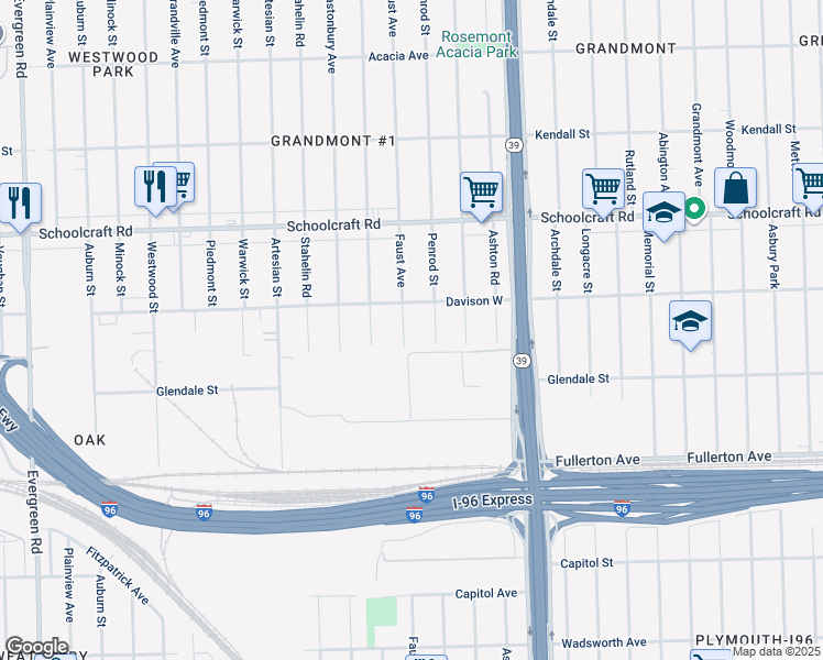 map of restaurants, bars, coffee shops, grocery stores, and more near 12906 Faust Avenue in Detroit