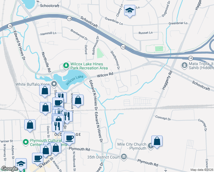 map of restaurants, bars, coffee shops, grocery stores, and more near 14090 Brougham Court in Plymouth