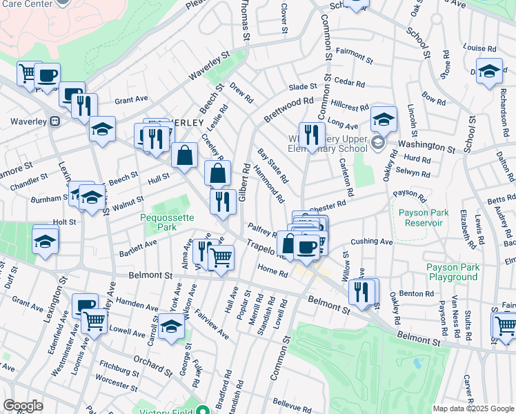 map of restaurants, bars, coffee shops, grocery stores, and more near 29 Winslow Road in Belmont