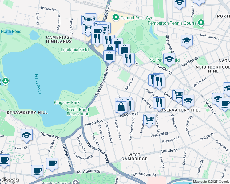 map of restaurants, bars, coffee shops, grocery stores, and more near 202 Vassal Lane in Cambridge