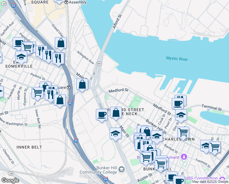 map of restaurants, bars, coffee shops, grocery stores, and more near 530 Medford Street in Boston