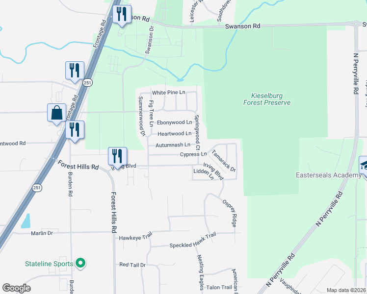 map of restaurants, bars, coffee shops, grocery stores, and more near 5458 Autumnash Lane in Roscoe