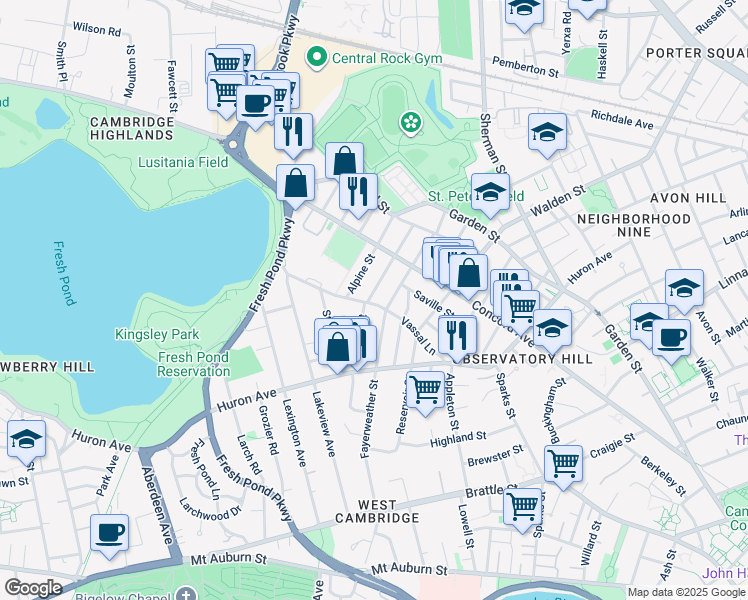 map of restaurants, bars, coffee shops, grocery stores, and more near 80 Chilton Street in Cambridge