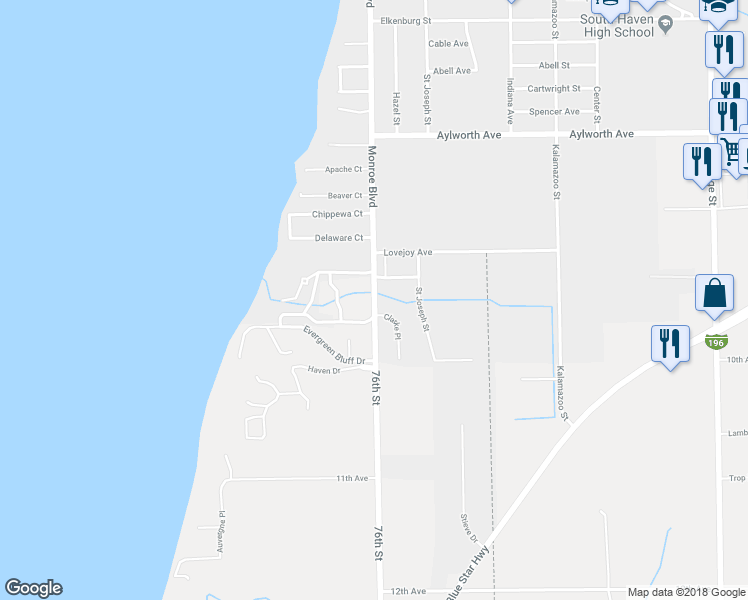 map of restaurants, bars, coffee shops, grocery stores, and more near 5344 76th Street in South Haven