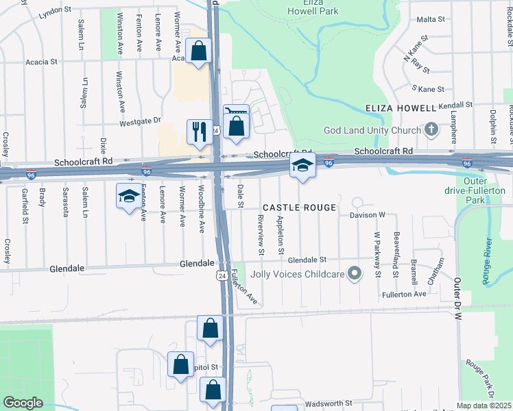 map of restaurants, bars, coffee shops, grocery stores, and more near 13535 Riverview Street in Detroit